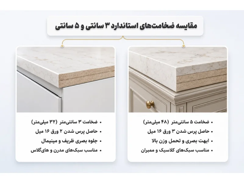 ضخامتهای استاندارد صفحه کابینت (۳ سانتی و ۵ سانتی) و کاربرد هرکدام